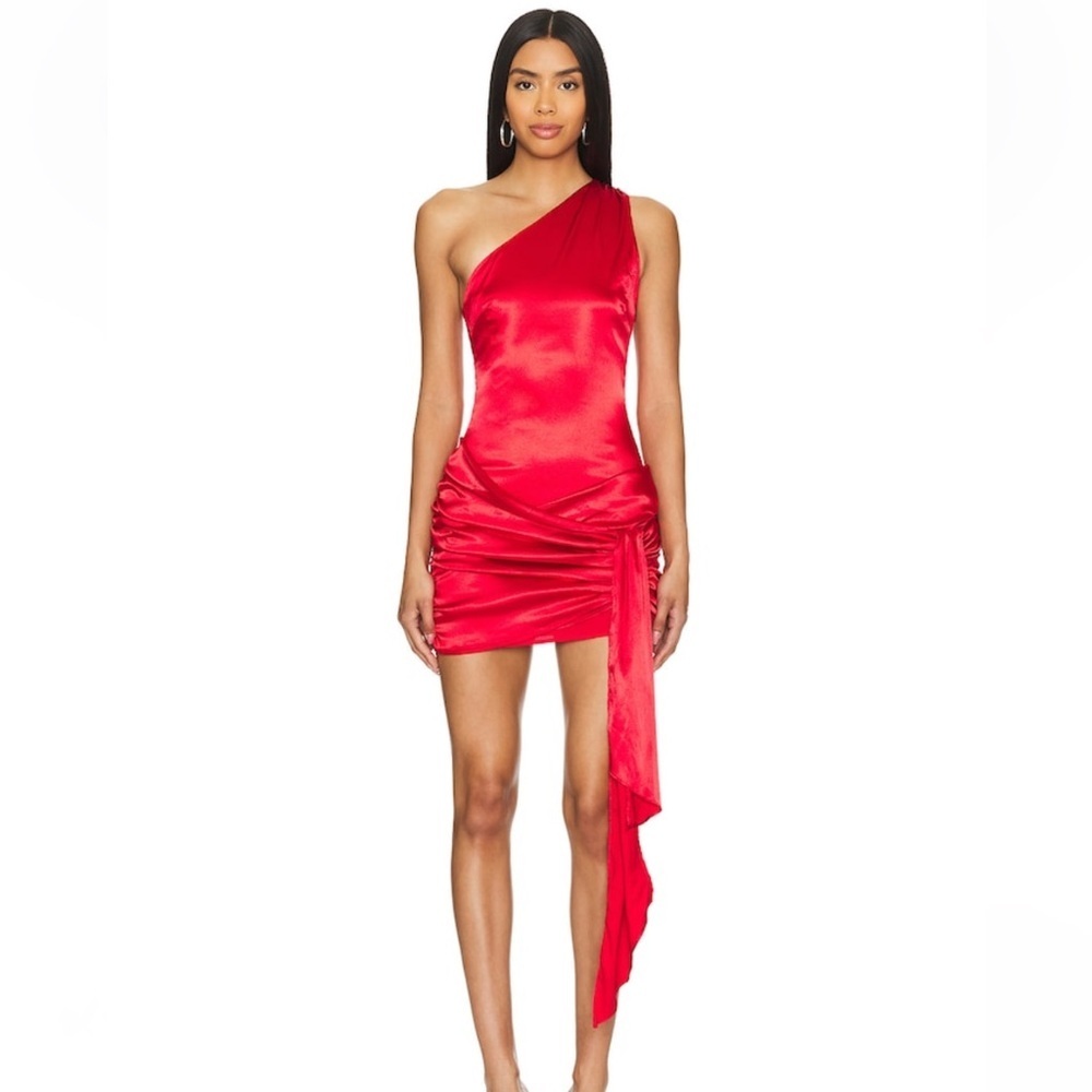 Superdown Dannika Mini Dress Red satin One-Shoulder draped Revolve NWT L